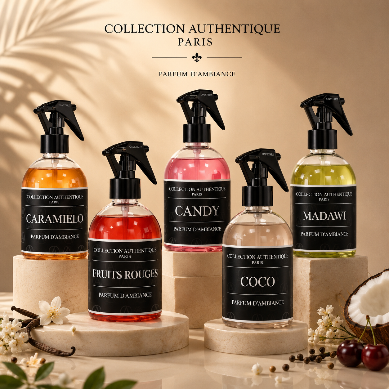 Collection Authentique Paris – Sprays Textiles Parfumés Caramielo, Fruits Rouges, Candy, Coco, Madawi