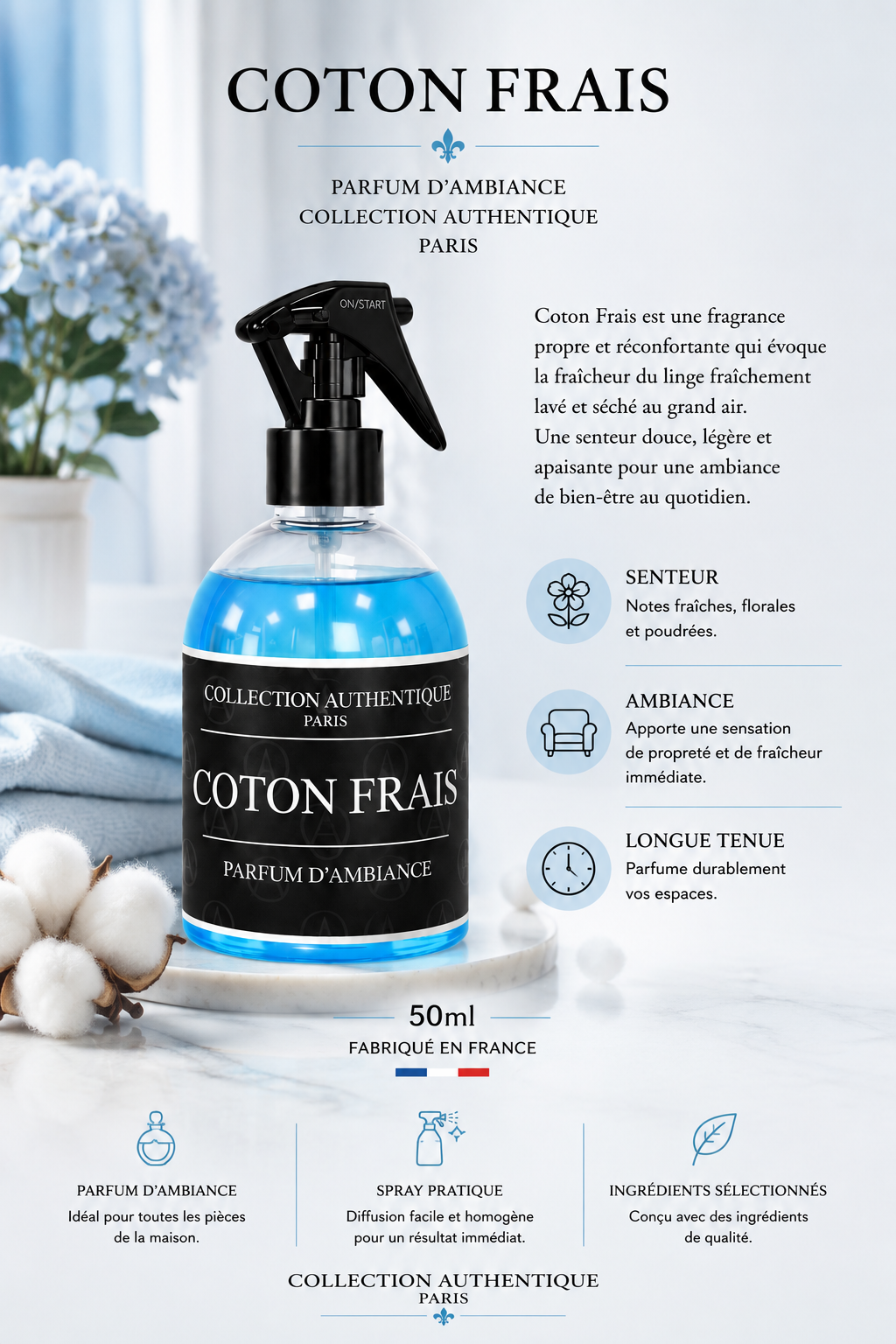 Spray Textile Coton Frais – Parfum Propre et Frais