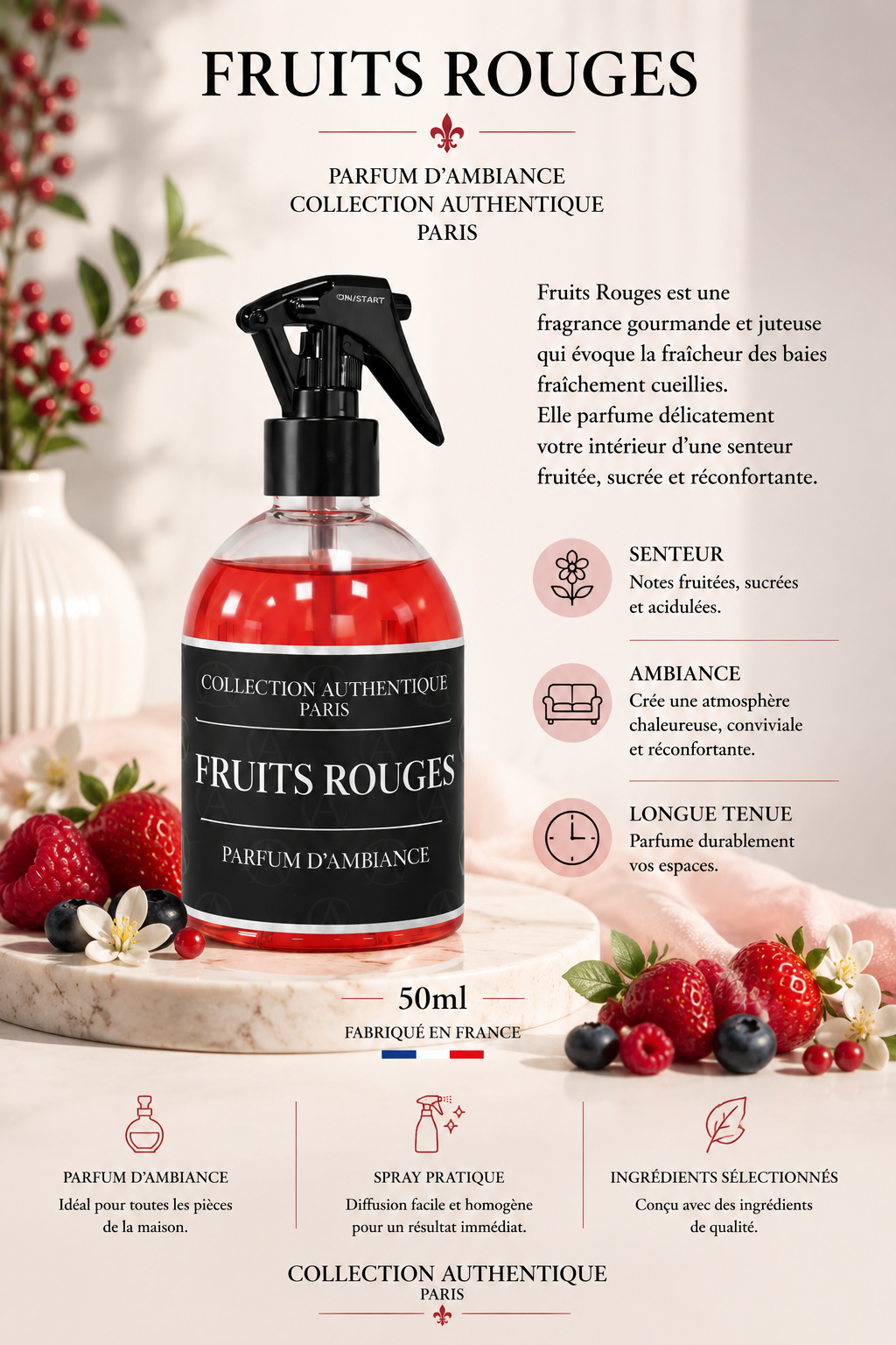 Spray Textile Fruits Rouges – Parfum Fruité et Gourmand